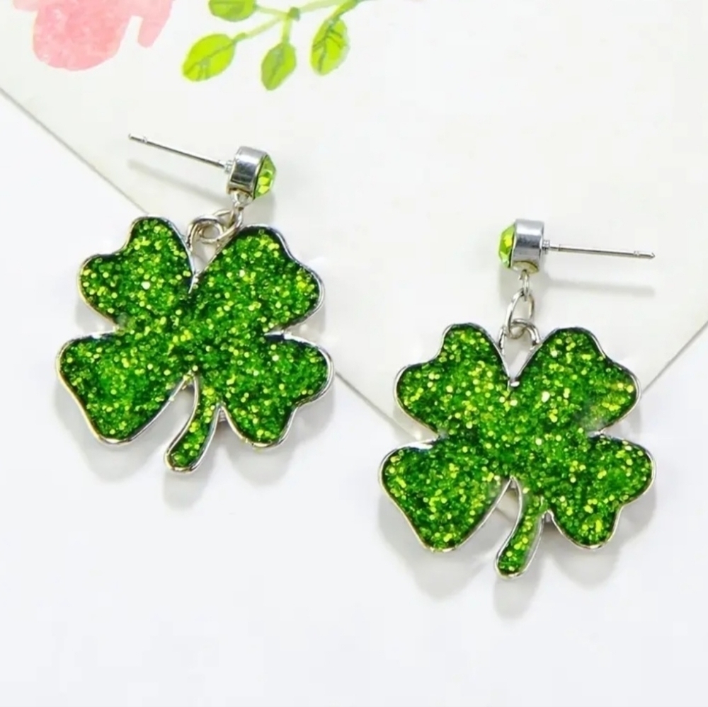 Clover Drop Earrings Glitter Double Layer Acrylic Green Dangle Earrings
